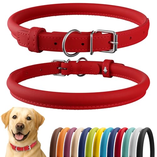 Tangle Free Rolled Leather Dog Collar (Red / XXL)