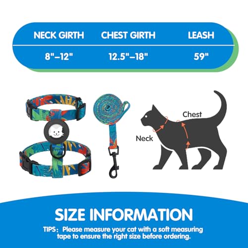 Cat Harness with Airtag Holder (Green Leaves (Buckles on Neck & Chest))