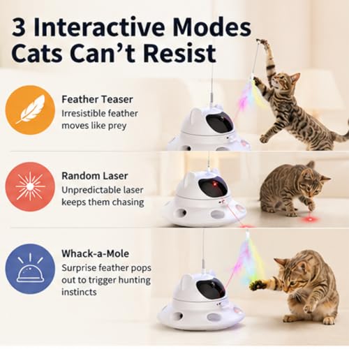 3-in-1 Auto Laser Cat Toy, USB Recharge Motion Activated Kitten Feather Chase Toy - Off-White (Off-white)