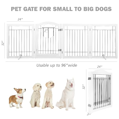 Freestanding Foldable Dog Gate Indoor with Door (White / 【4 Panels with Door】96"W x 30"H)