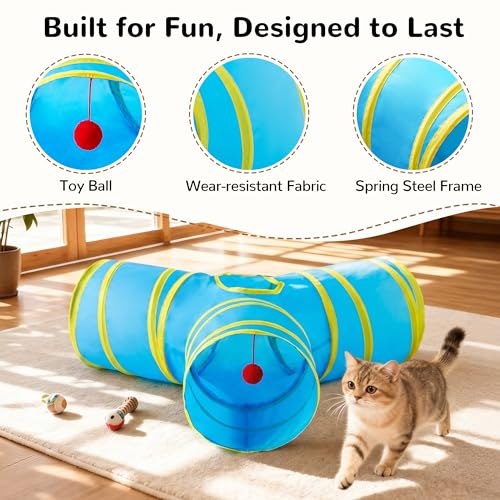Cat Tunnel, 3-Way Collapsible Toy for Indoor Cats, Blue & Yellow (Blue & Yellow / Small)