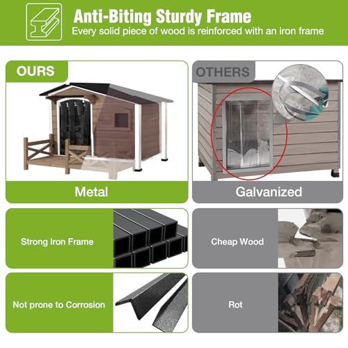 Heated Dog House Outdoor with Proch Weatherproof Dog Kennel with Heating Pad Anti