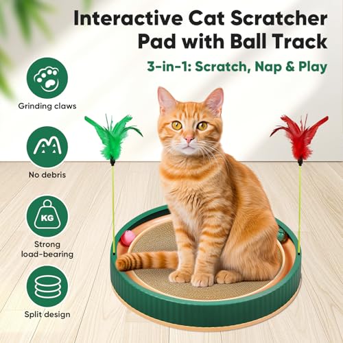 20 Inch Round Cat Scratcher Bed with Ball Track (Green)
