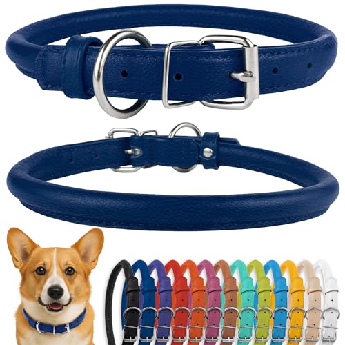 Tangle Free Rolled Leather Dog Collar (Deep Blue / L)