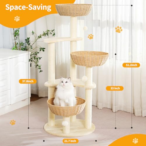 52 Inch Modern Cat Tree for Large Cats with Three Woven Basket Beds (2)