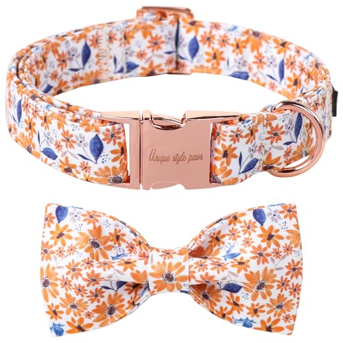 Autumn Leaf Collar with Bow Blue Leaf Flower Cotton Dog Collars for Small Medium Large Dogs (Large / Leaf flower)