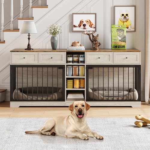 82" Double Dog Crate Furniture with Storage (Washed White / 81.9"L x 23.6"W x 33.5"H)