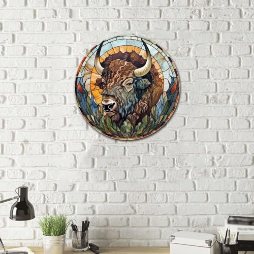 Metal Sign Tin Sign Circular Stained Glass American Bison Metal Sign for Pet 8×8 Inches (8×8 Inches / American Bison-2)