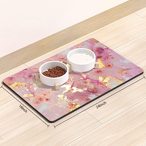 Dog Food Mat 16" x 24" Absorbent Dog Cat Bowl Mat for Food and Water (Pink Gold Abstract / 16"L x 24"W)
