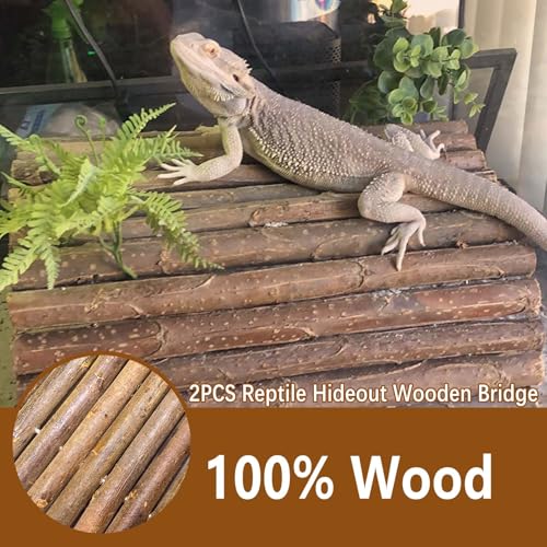 2PCS Reptile Hideout Wooden Bridge 12.99"x 18.89" Lizard Hide Caves Bearded Dragon Habitat Accessories for Gecko Snake Frog Chameleon Iguana Tortoise