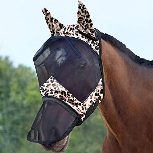 LumiVista Horse Fly Mask Long Nose with Ears UV Protection for Horse Leopard Print L Full Size (leopard print / Full (Large))