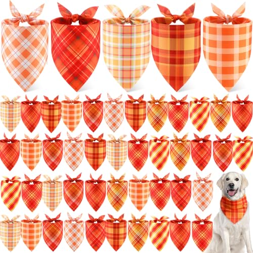50 Pcs Fall Thanksgiving Plaid Dog Bandanas Bulk for Large (Plaid Pattern / 31.5 x 21.7 x 21.7 Inch)