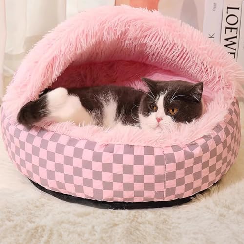 Cat Bed Hooded Plush Nest with Self (Small / Pink)