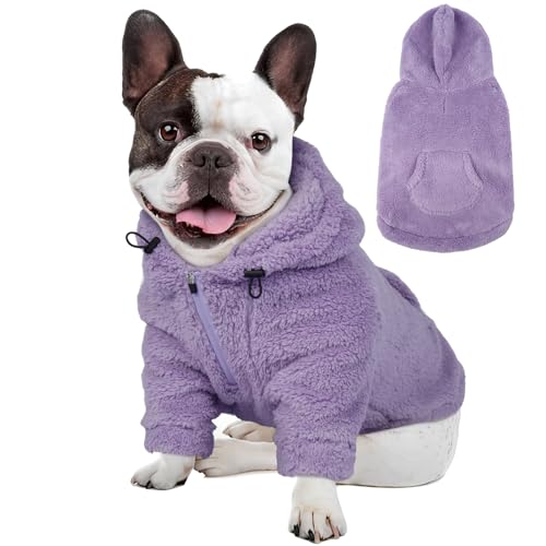 Fuzzy Dog Sweater with Adjustable Hood & Harness Hole (Medium / Light Purple)
