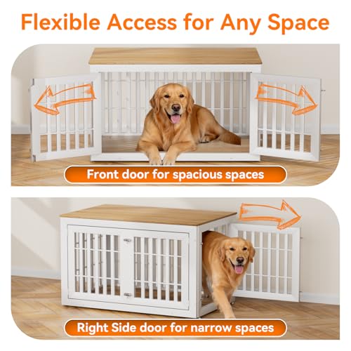 48" Heavy Duty Dog Crate Furniture for Large Dogs (47.2"L x 30.3"W x 31.9"H / White+Wood)