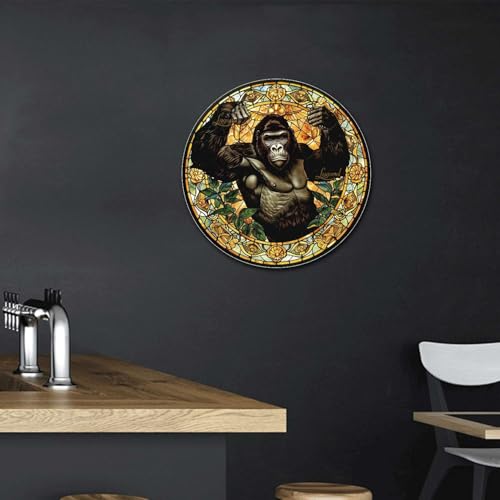 Metal Sign Tin Sign Circular Stained Glass Gorilla Metal Sign for Restaurant 12×12 Inches (12×12 Inches / Gorilla-2)