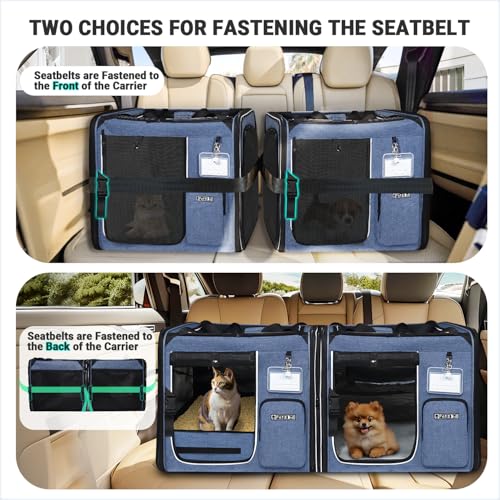 2 in 1 Double Cat Car Travel Carrier with Litter Box (Blue / 38.0"L x 17.0"W x 18.0"H)