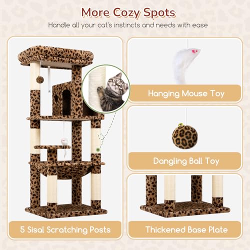 Leopard Cat Tree Tower with Scratching Post for Indoor Cats (Leopard Print / L)