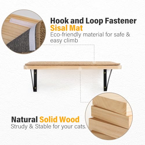 2Pack Wooden Cat Wall Shelves with Sisal Mat (Brownish white / 2 Pack 1 Steps)