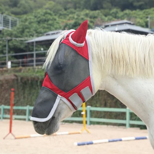 Horse Fly Mask with Ears & Long Nose (Red / Full)