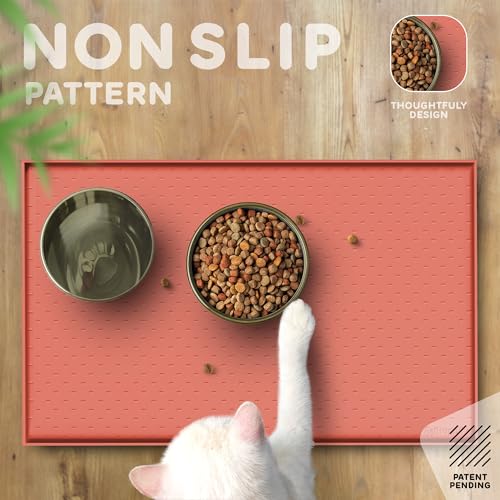 Dog Food Mat Raised Edges Dogs Mat for Food and Water Prevent Spill (18.5" x 11.5" / Burnt Coral)