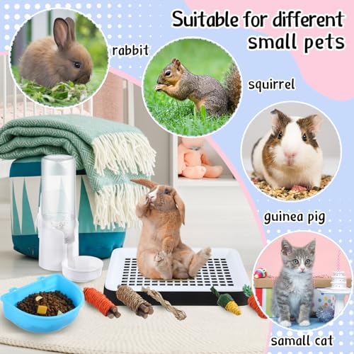 19 Pcs Rabbit Starter Kit Small Bunny Litter Box Rabbit Grooming Kit Water Bottle Bunny Toys Hay Feeder Bowl Blankets with Cleaning Set for Guinea Pig Accessories (Black / Cloud)