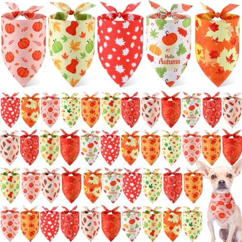 50 Pcs Thanksgiving Fall Dog Bandanas Bulk for Dogs Autumn Soft Bibs Adjustable Triangle Pet Bandana for Small Medium Large Costume (Leaves Pattern / 25.6 x 17.7 x 17.7 Inch)