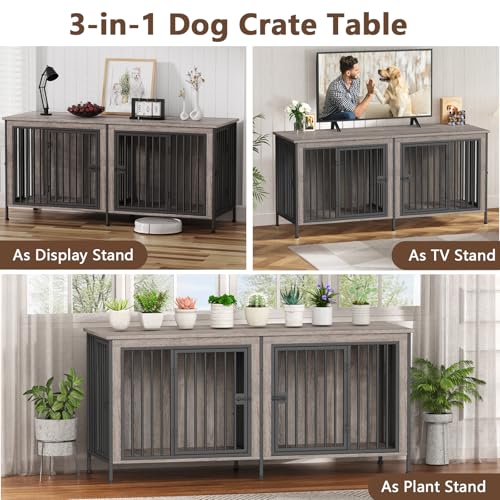 78.74" Dog Crate Furniture for 1 or 2 Dogs (Oak Grey / 78.7"L x 27.6"W x 33.5"H)