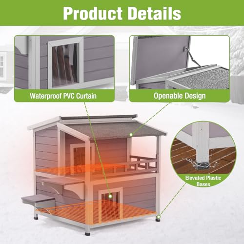 2 Story Heated Cat House Outdoor Insulated Cat House Weatherproof Feral Cat Shelter with Safe Heating Pad