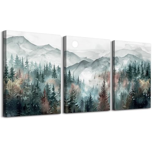 Farmhouse Wall Art For Bedroom Wall Decor For Living Room Wall Pictures for Office Fog Forest Mountain Landscape Watercolour Painting Artwork Modern Home Decorations Ready To Hang 3 Piece (12x16inches*3pcs / Foggy Forest Trees Landscape Pictures)