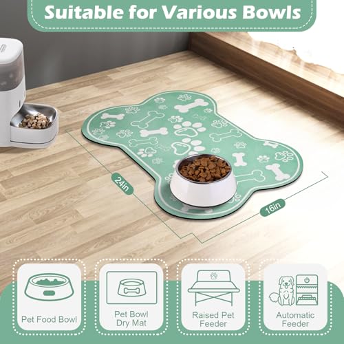 Dog Cat Mat for Food and Water (24"L x 16"W / Bone Shaped Green)