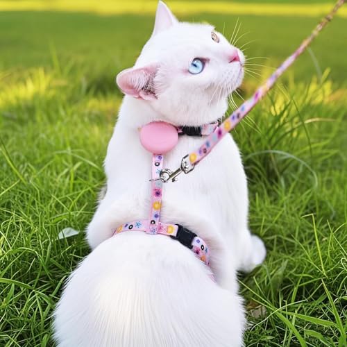 Adjustable Cat Harness and Leash Set Escape Proof Kitten Strap Collar for Walking Travel (Small / Pink(Floral))