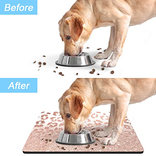 Dog Food Mat 12" x 19" Leopard Absorbent Dog Cat Bowl Mat for Food and Water (Rose Gold Leopard Print / 19"L x 12"W)
