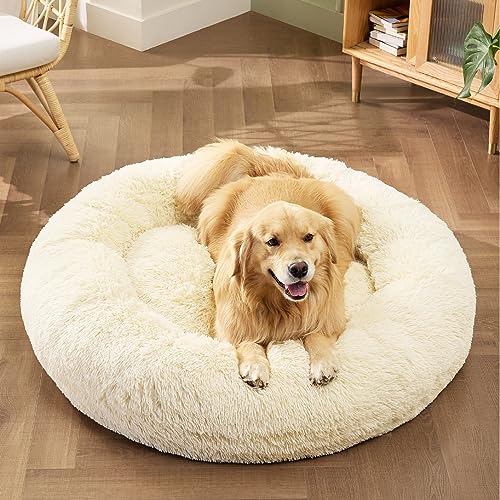 Calming XL Dog Bed Donut Washable Extra Large Pet Bed (45"L x 45"W x 10"Th / Ivory Beige)