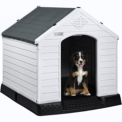 Durable Waterproof Plastic Dog House for Small to Large Sized Dogs (Gray / 34"L x 31"W x 32"H)