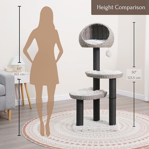 50 Inch Cat Tree with Hooded Basket Bed and 2 Platforms (Black and Gray)