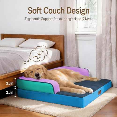 Washable Dog Bed with Bolster for Medium to Large Dogs (Ocean Twilight / 36"L x 27"W x 7.5"Th)