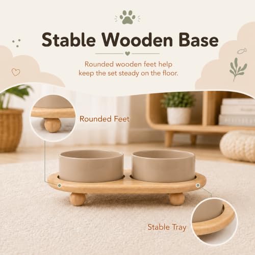 Raised Cat Bowl 5.1” Elevated Ceramic Cat Food and Water Bowl Set (Greige)
