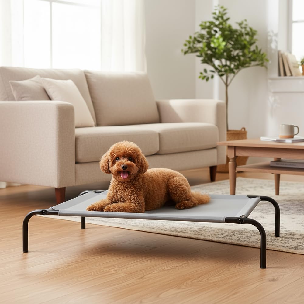 Cooling Breathable Elevated Dog Bed with Durable Metal Frame (Grey / Medium)