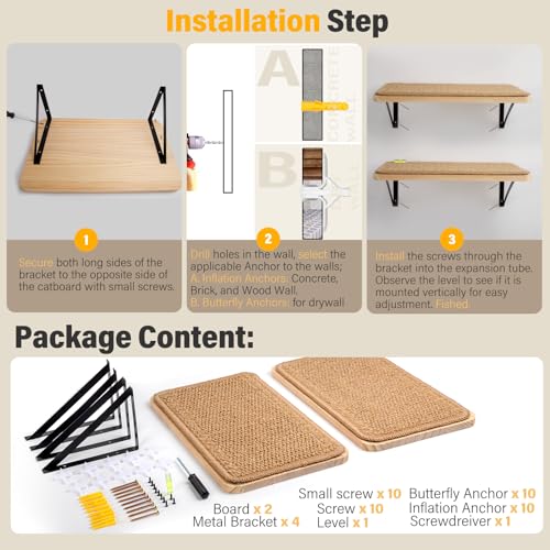 2Pack Wooden Cat Wall Shelves with Sisal Mat (Brownish white / 2 Pack 1 Steps)