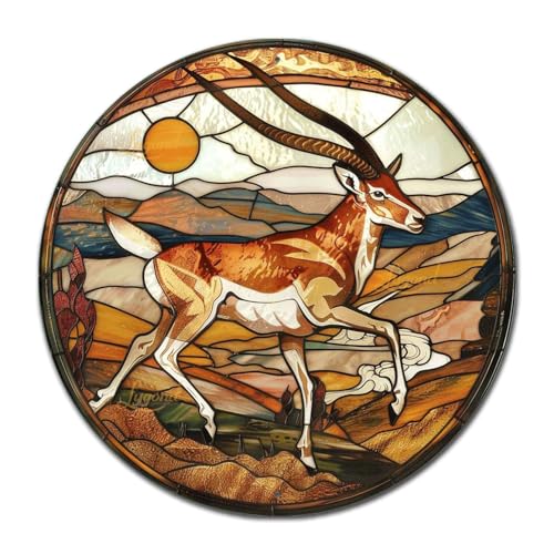 Metal Sign Tin Sign Circular Stained Glass Pronghorn Bar Signs For Home Bar For Restaurant 8×8 Inches (8×8 Inches / Pronghorn)