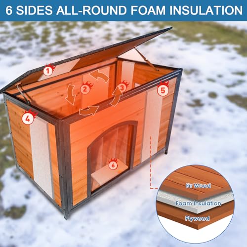 Outdoor Insulated Wooden Dog House Weatherproof Chew Resistant Metal Frame (43.3"Length)