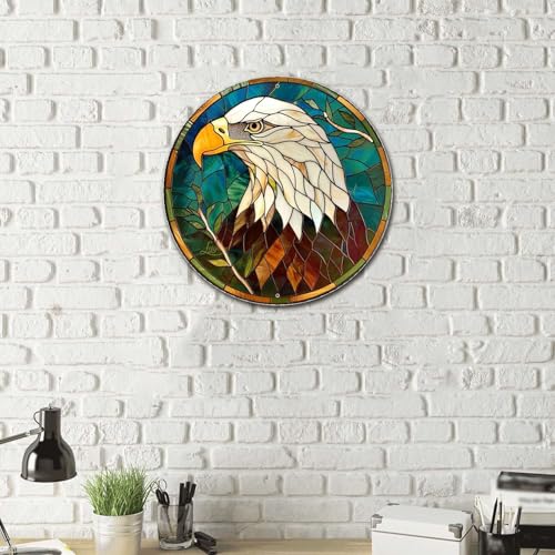 Metal Sign Tin Sign Circular Stained Glass Bald Eagle Boho Decorations for Home for Bar 8×8 Inches (8×8 Inches / Bald Eagle)