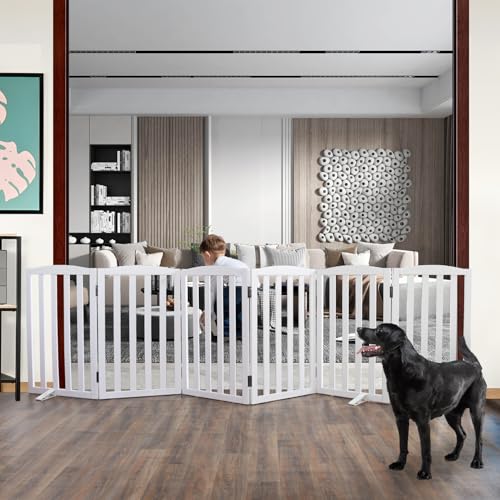 Foldable Freestanding Indoor Dog Gate for House Wood White Long Pet Gates Dog Fence for Stairs Puppy Gates for Hallways (White / 【6 Panels】120''w X 32''h)