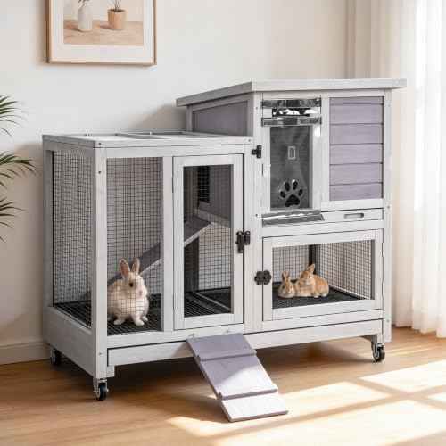 Rabbit Hutch Mobile Bunny Cage Indoor with Run Rabbit House for Small (40.6"L x 26.0"W x 37.6"H)
