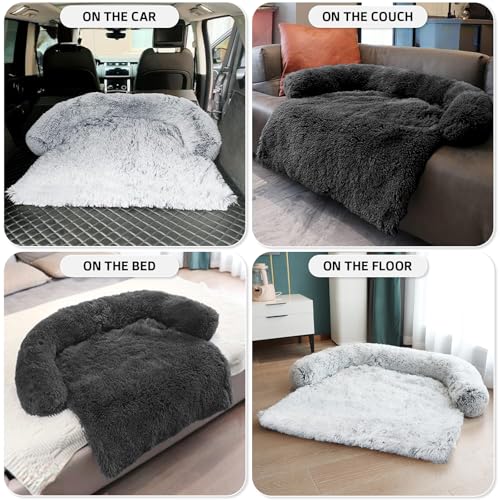 Calming Dog Bed Fluffy Plush Dog Mat for Furniture Protector with Removable Washable Cover for Large Medium Small Dogs and Cats (Dark Grey / 35.0"L x 31.0"W x 5.0"Th)