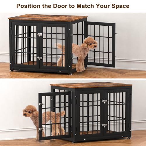 32" Heavy Duty Dog Crate Furniture for Small and Medium Dogs (Black + Rustic Brown / 32.7"L x 23.6"W x 26.2"H)