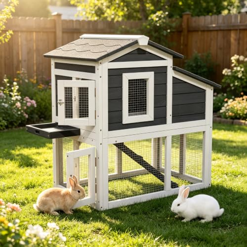 Chicken Coop Rabbit Cage for Outdoor Indoor with 2 Nesting Box (C01 Grey with White)