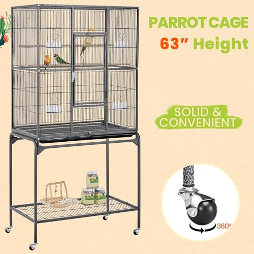 63 Inch Wrought Iron Rolling Large Bird Cage for African Grey Small Quaker Amazon Parrots Canary Bird Flight Cage