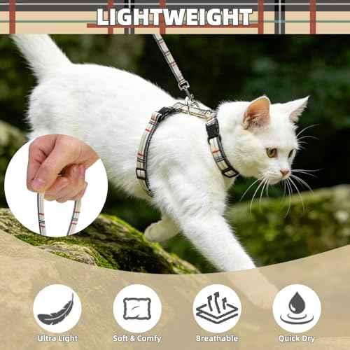 Adjustable Cat Harness and Leash Set Escape Proof Kitten Strap Collar for Walking Travel (Small / Beige(Plaid))